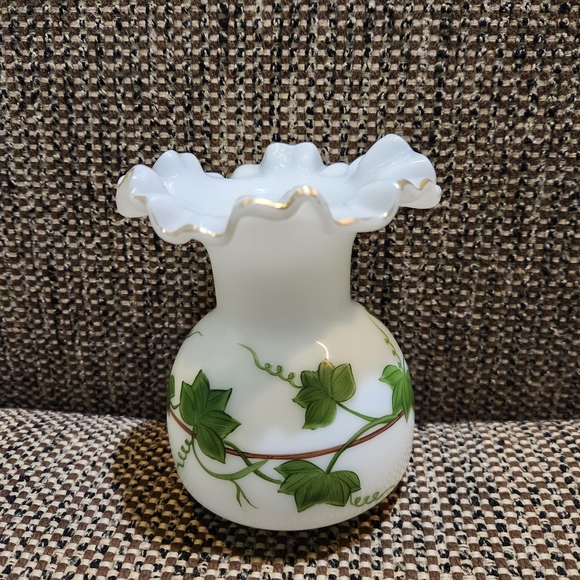 Elegant Ruffle Top Milk Glass White Vase with Green Leaf Design - Picture 3 of 7
